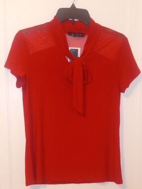 NWT Women’s Red Tie-Neck Short Sleeve Top, sheer shoulders, small
